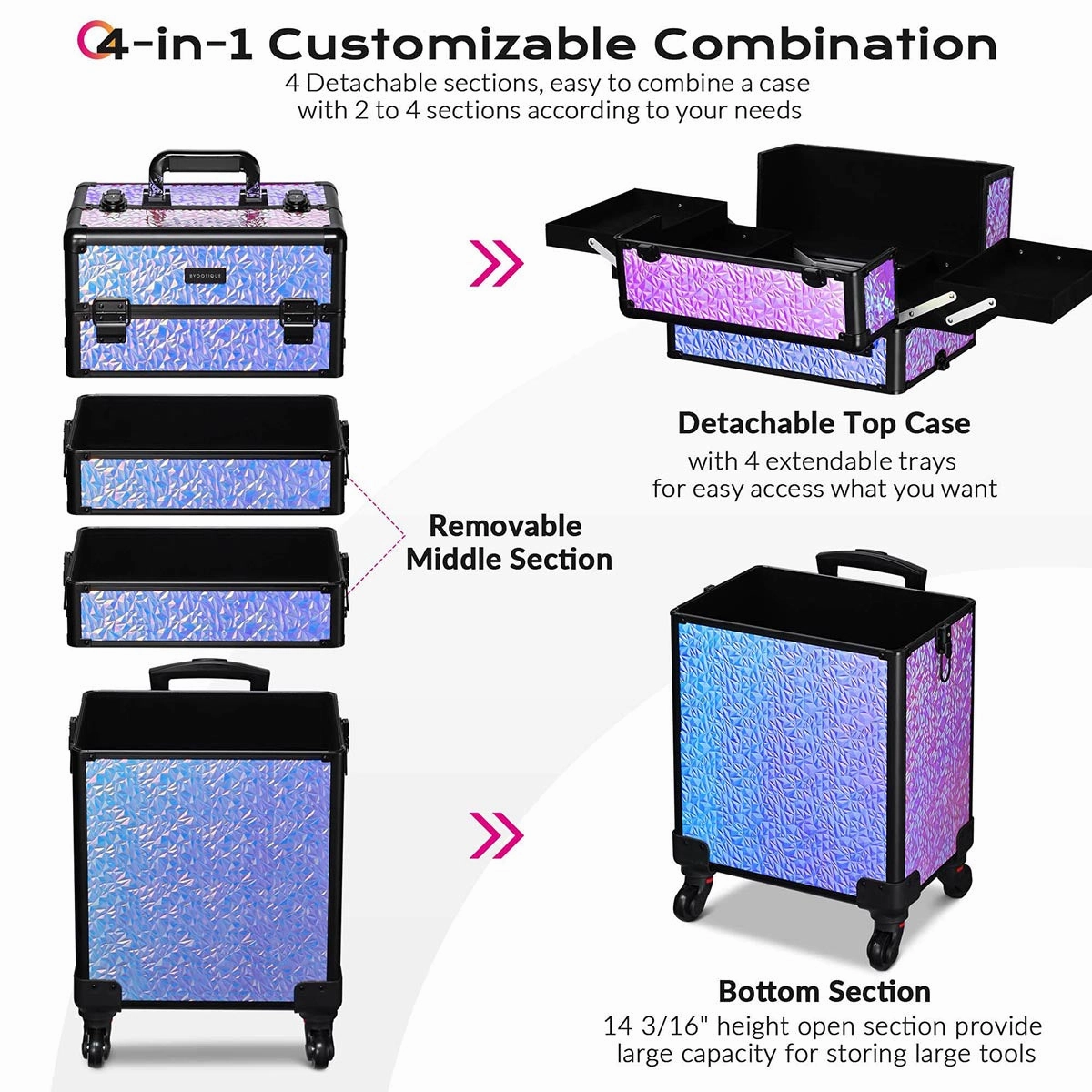Byootique Pro 4in1 Rolling Makeup Case Cosmetic Trolley w/ Key Lock